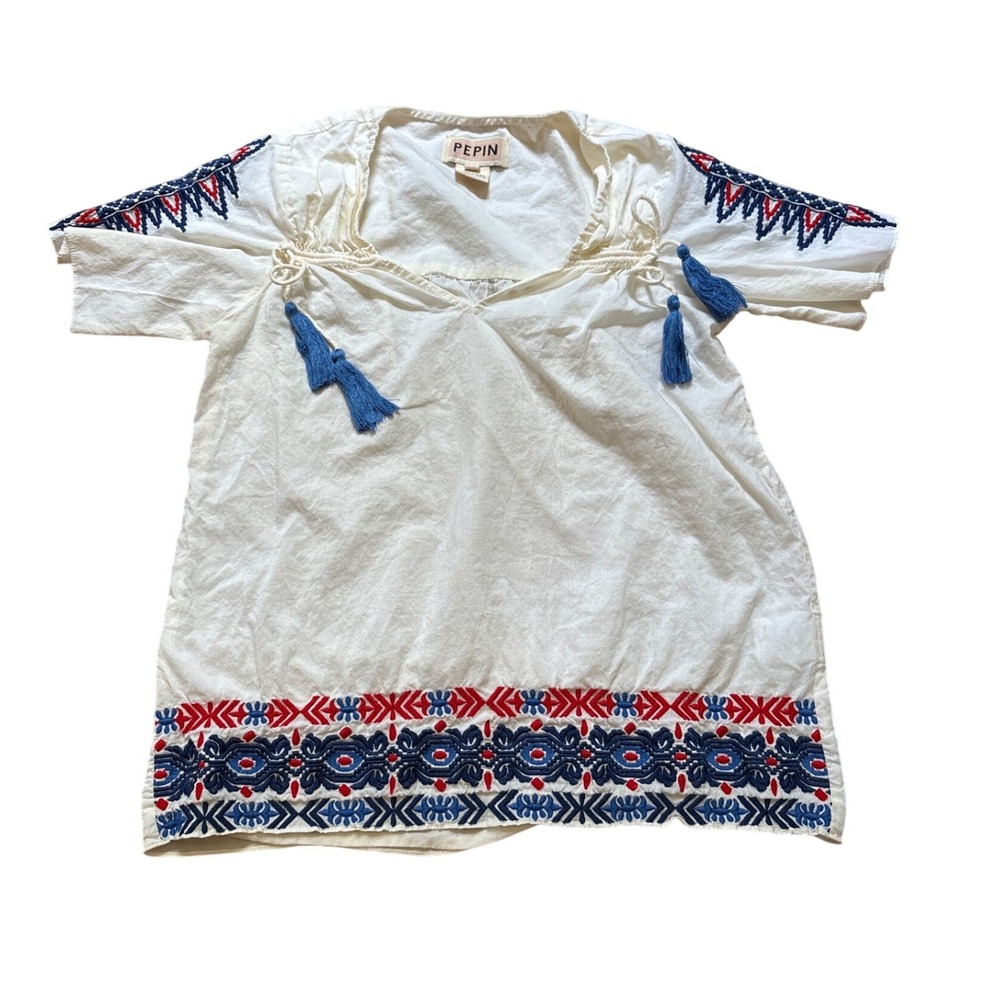 Pepin Embroidered Blouse Womens‎ White Boho Tassel Peasant Top SIZE S